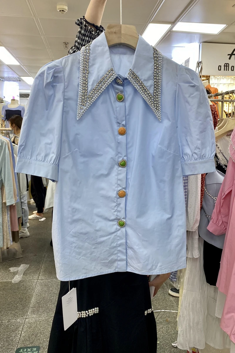 

Women Elegant Beading Diamonds Short Sleeve Top Pointed Collar Casual Slim Shirt Fashion Single Breasted Blouse Ladies