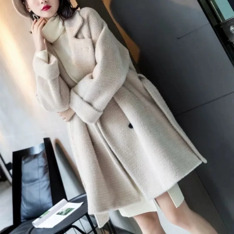 

Women Wool Coat Winter 2020 Warm Thicken Outwear Female Korean Belted Blends Jacket Fashion Mid Length Loose Office Coats Beige