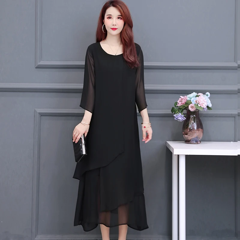L-5XL Women Chiffon Full Dress Summer 2022 New Fashion Elegant Black Dresses Ruffles Loose Long Dresses Female