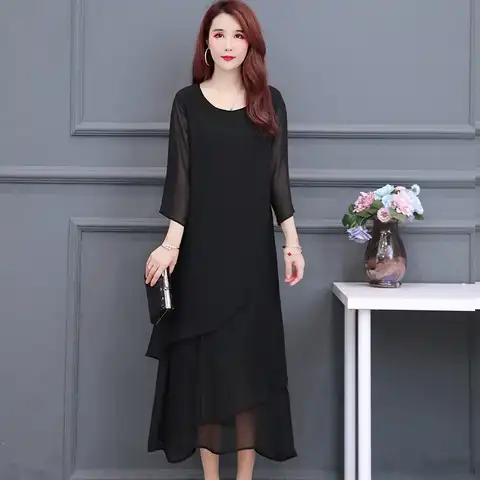 L-5XL Женское Шифоновое Платье Летом2022 Новые Модные Злегантные Черные Платья с Рюшами Свободное Длинное Платье для Женщин Размера Плюс