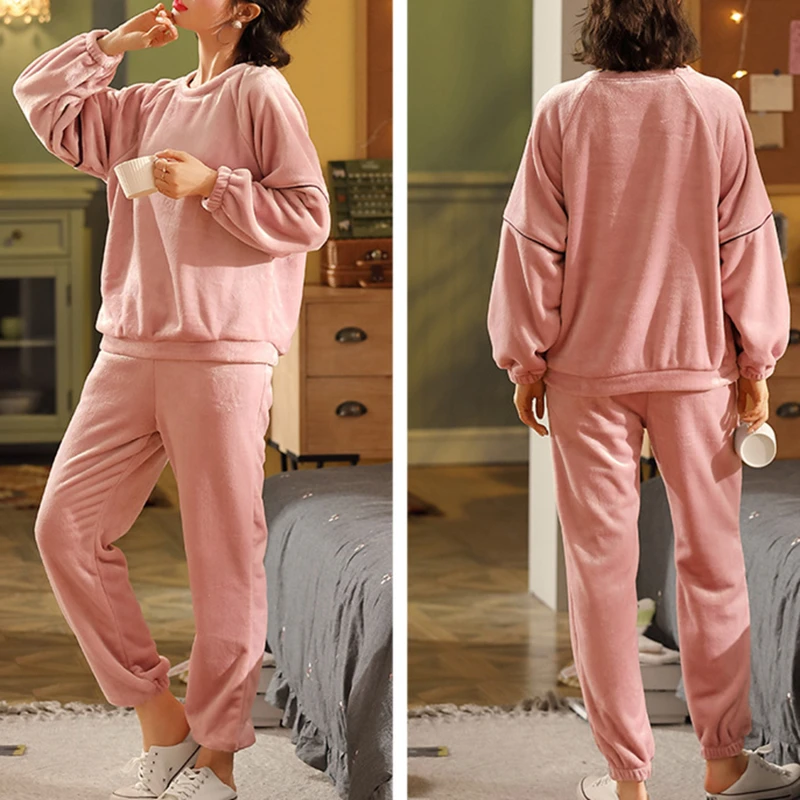 

Winter Women's Flannel Coral Pajamas Sets Sleepwear Thick Loose Casual Soft Warm Nightgown Homewear Clothing Female Suit Pijama