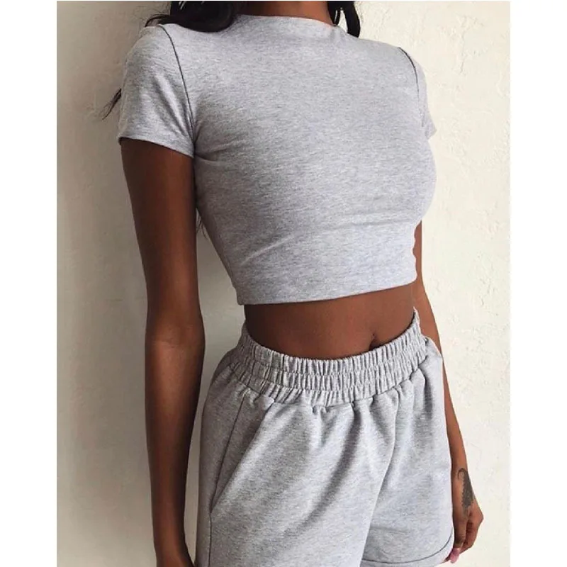 

Donsignet Women Skinny Outfits 2021 New Summer Solid Color Casual Suit Women Conjunto Feminino Women Crop Top Two Piece Outfits