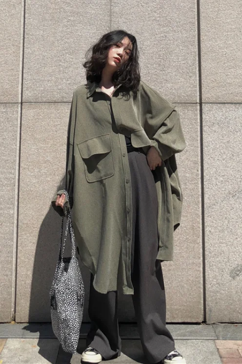 

SuperAen Women 2021 Autumn Winter Janpan Style Retro Loose Long-sleeved Shirt Jacket Women's Casual Long Shirt Tops