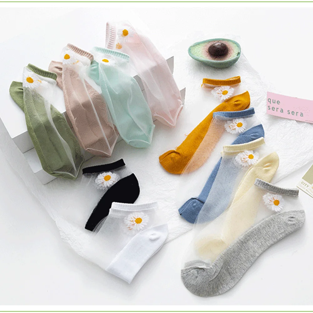 

1Pair Cute Flower Embroidery Glass Silk Socks Women Lace Transparent Stretch Elasticity Ankle Net Yarn Breathable Boat Socks