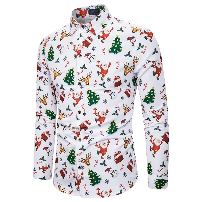 Cartoon Print Christmas Shirt Men 2022 Brand Slim Fit Long Sleeve Mens Dress Shirts Stage Daily Casual Christmas Chemise Homme