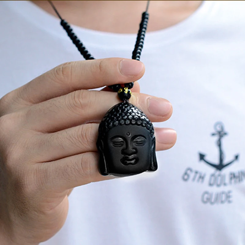 + 921 натуральный черный обсидиан резной кулон в виде головы Будды с бусинами