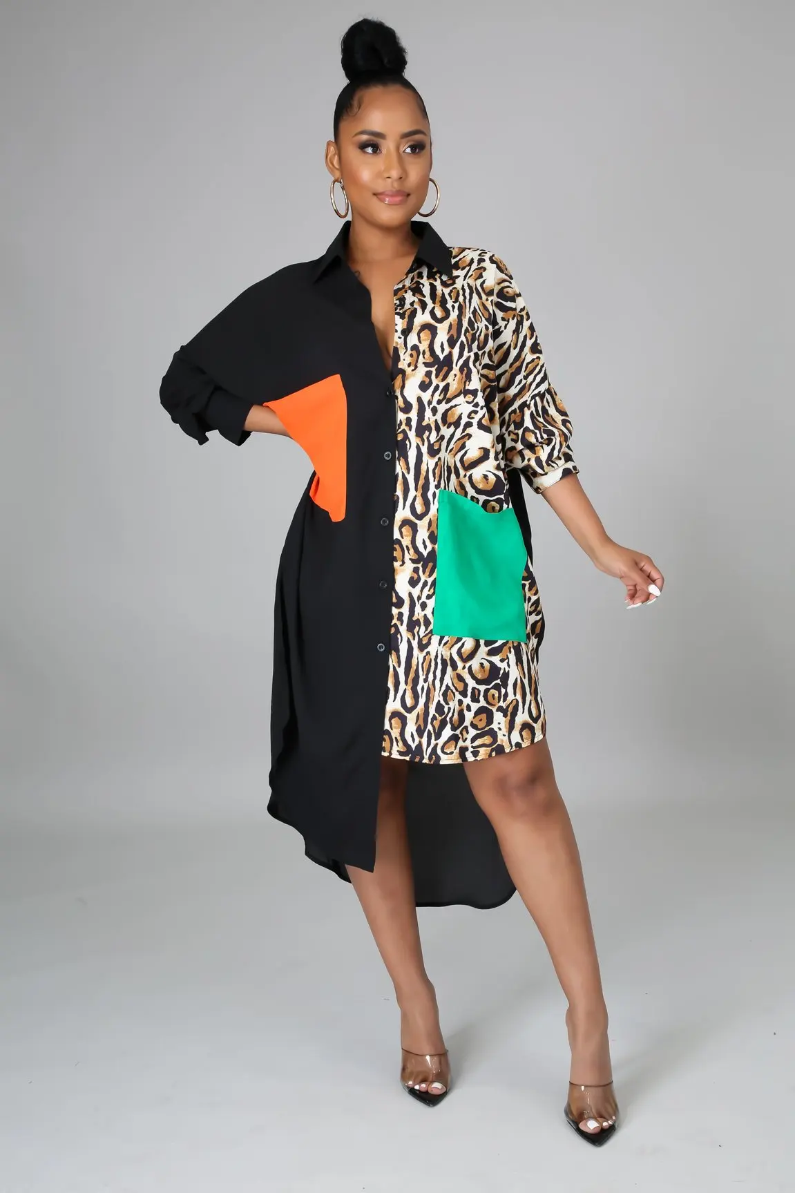 

chocomist dresses fashion leopard print long shirt women midi dress DY6954