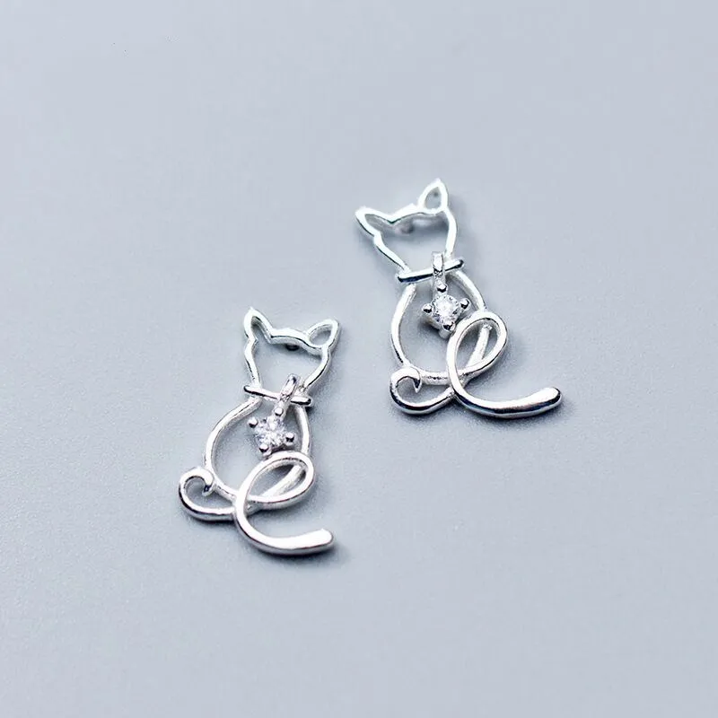 

925 Sterling Silver Animlas Cat Stud Earrings For Women Party Female pendientes eh844