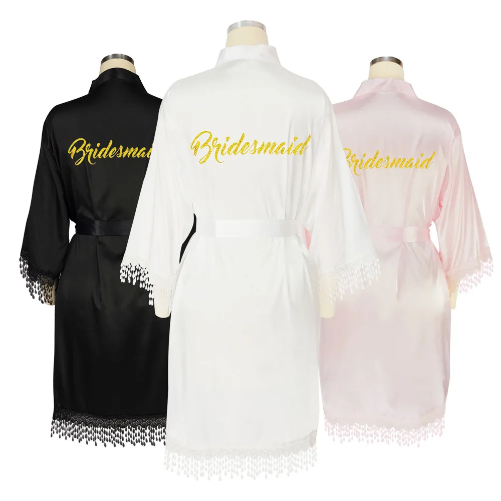 Черное атласное кимоно с кружевной отделкой длинное сексуальное женское белье