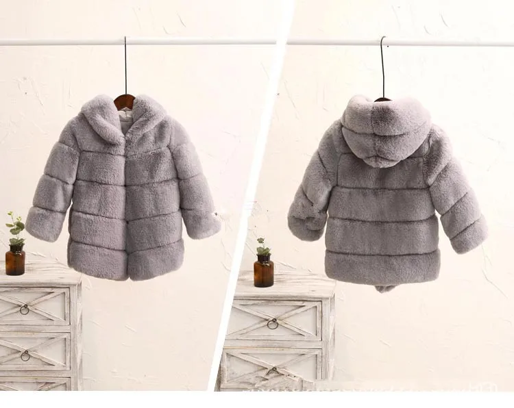 2-8 year Children's Faux Fur Coat Imitation Rex Rabbit Fur Girls Thicker kids Clothing Baby Winter warm Hooded Overcoat Y13