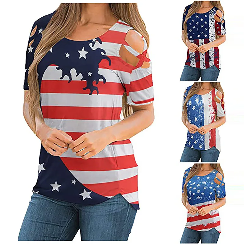 

Summer Women's New Independence Day Tops Stars Stripes American Flag PrintingCut Out Star Flag Print Short Sleeve T-shirt 2021
