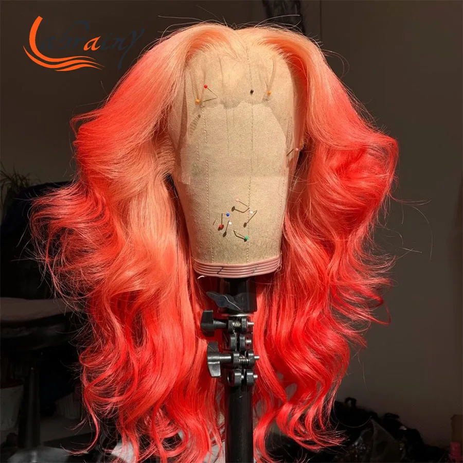 

Ombre Lightlight Pink HD Transparent Body Wave Lace Frontal Human Hair Wigs Colored Remy Wigs Pre Plucked Bleached Knots 13x6x1