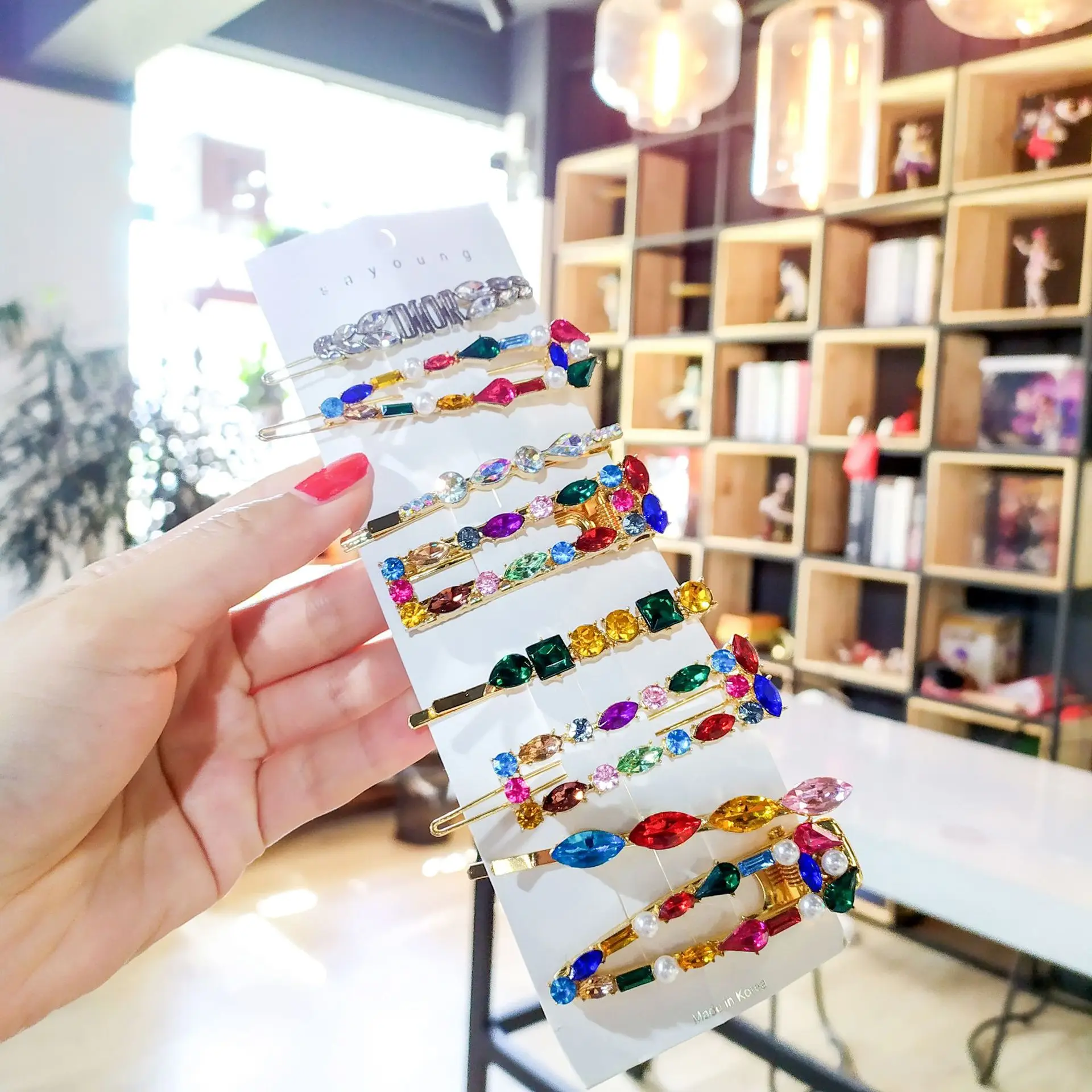 

Korea Shiny Crystal Hairpins Women Geometric Waterdrop Colorful Rhinestones Hair Clips for Girls Hair Accessories