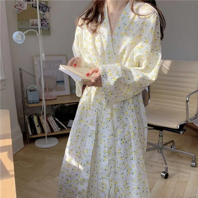 QWEEK Cotton Robes for Women Autumn Kimono Long Floral Print Sleepwear Korean Style Bathrobe Oversize Loungewear Female Bedroom