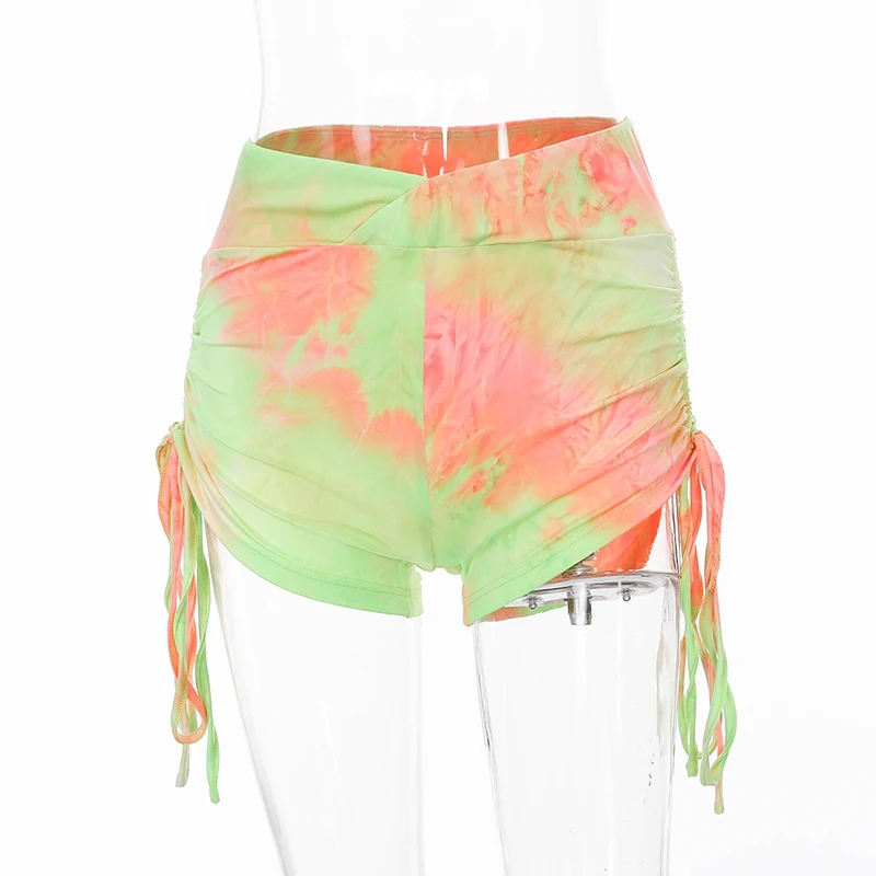 

ONEINALL Sexy Tie Dye Pant For Women High Waist Bandage Lace Up Bowknot Hit Color Shorts Female Clothing 2021 Summer Fashionable