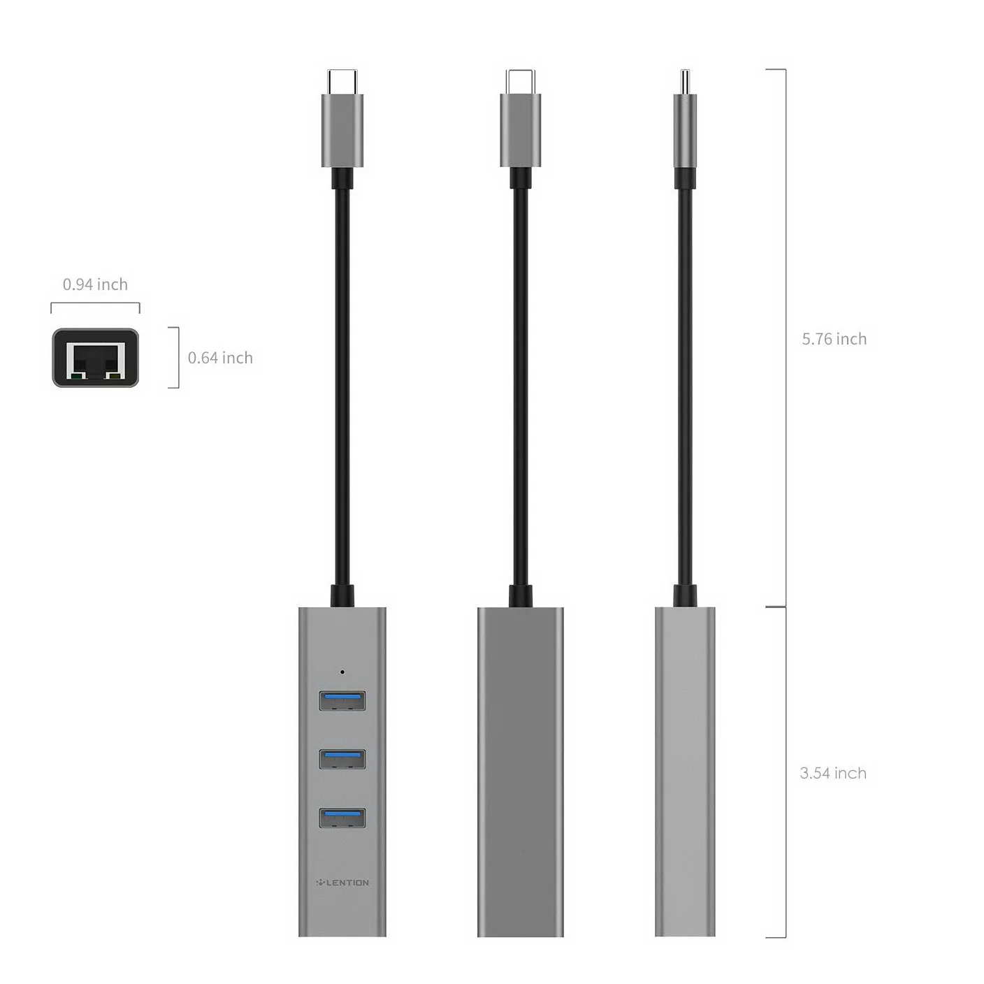 

LENTION Type-C to USB3.0X3 RJ45 Adapter USB-C HUB with Gigabit Ethernet LAN Adapter Compatible Adapter for PC / Laptop