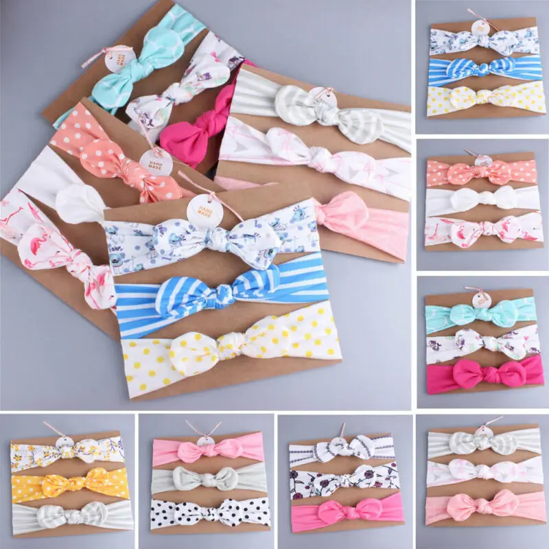Newborn Baby Toddler Kids Headwear Girls Hairband Cotton Bowknot Striped Printed Elastic Headband Hair Accessory 3pcs | Детская одежда