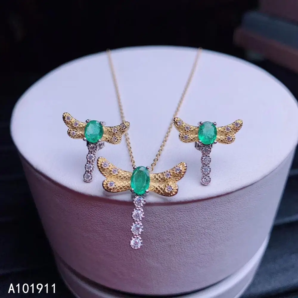 KJJEAXCMY fine jewelry natural Emerald 925 sterling silver women pendant necklace chain earrings set support test luxury