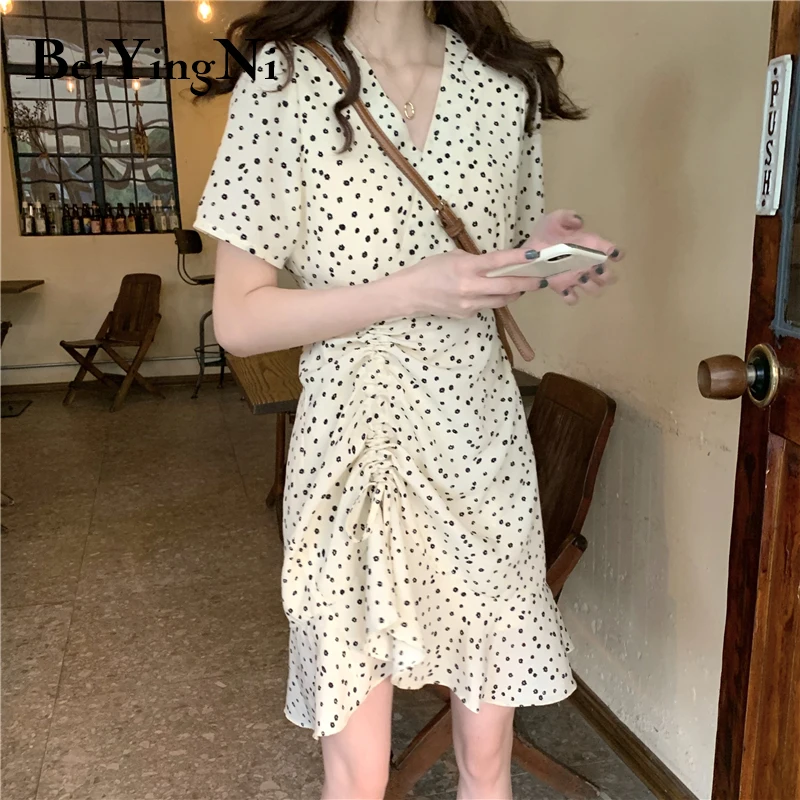 

Beiyingni Korean Vintage V-neck Slim Drawstring Floral Printed Dress Womens Short Sleeve Street Mini Dresses Female Chic Vestido