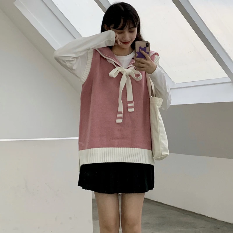 Женские свитера в японском стиле Kawaii Ulzzang милый свободный свитер с бантом для