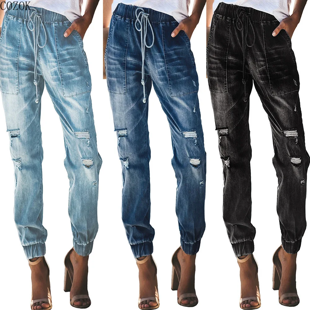 

temperament Women Jeans Ripped Hole Harem Pants Female Drawstring Pocket Waist Elastic Long Joggers Pant Ladies Denim Trousers