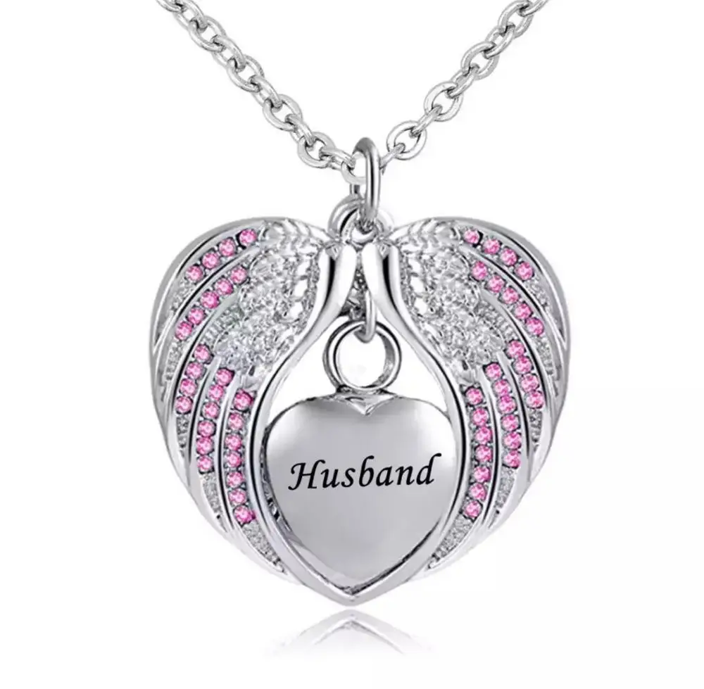 

JJ001 Pink Crystal Angel Wing Hold Heart Urn Necklace For Ashes - Free Engraving Stainless Steel Cremation Memorial jewelry