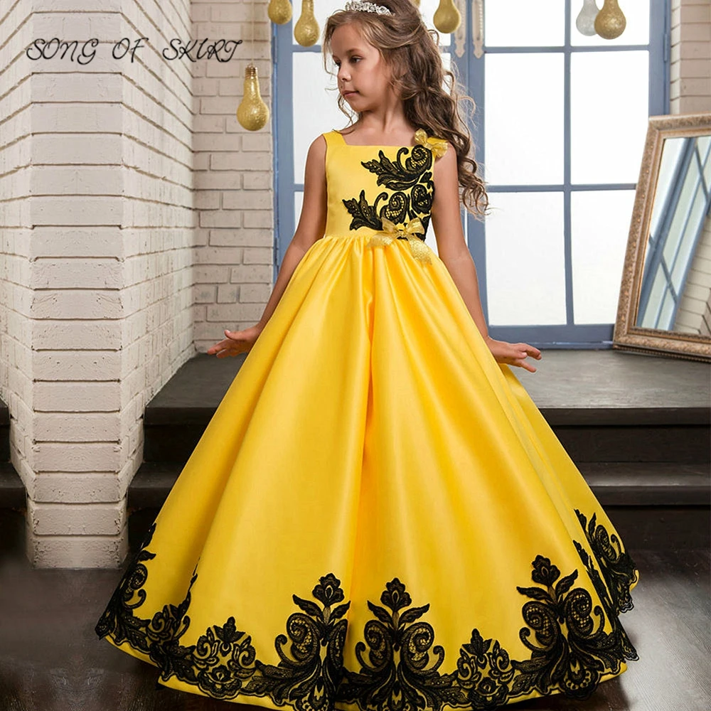 

Желтое кружевное свадебное платье с цветочным принтом для девочек, аппликация без рукавов с бантом, детское бальное платье для выступлений ...