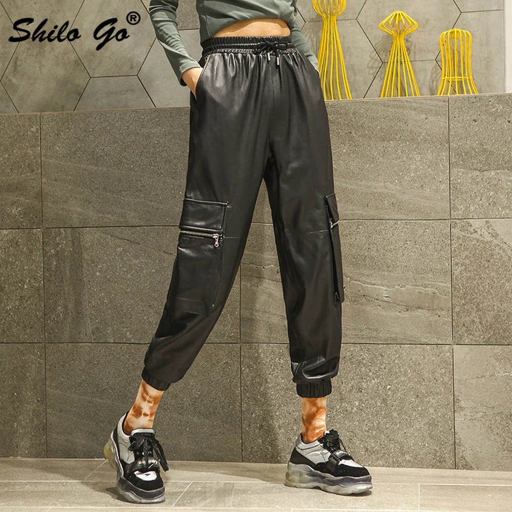 

Safari Style Pockets Detail Pants Womens Winter Drawstring Waist Genuine Leather Harem Pants Casual Solid Sheepskin Trousers