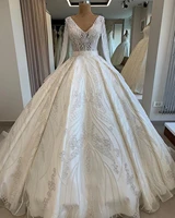 mariage 2021 big ball wedding dresses v neckline beads crystal pearls long sleeves bridal dresses mariage bride dresses