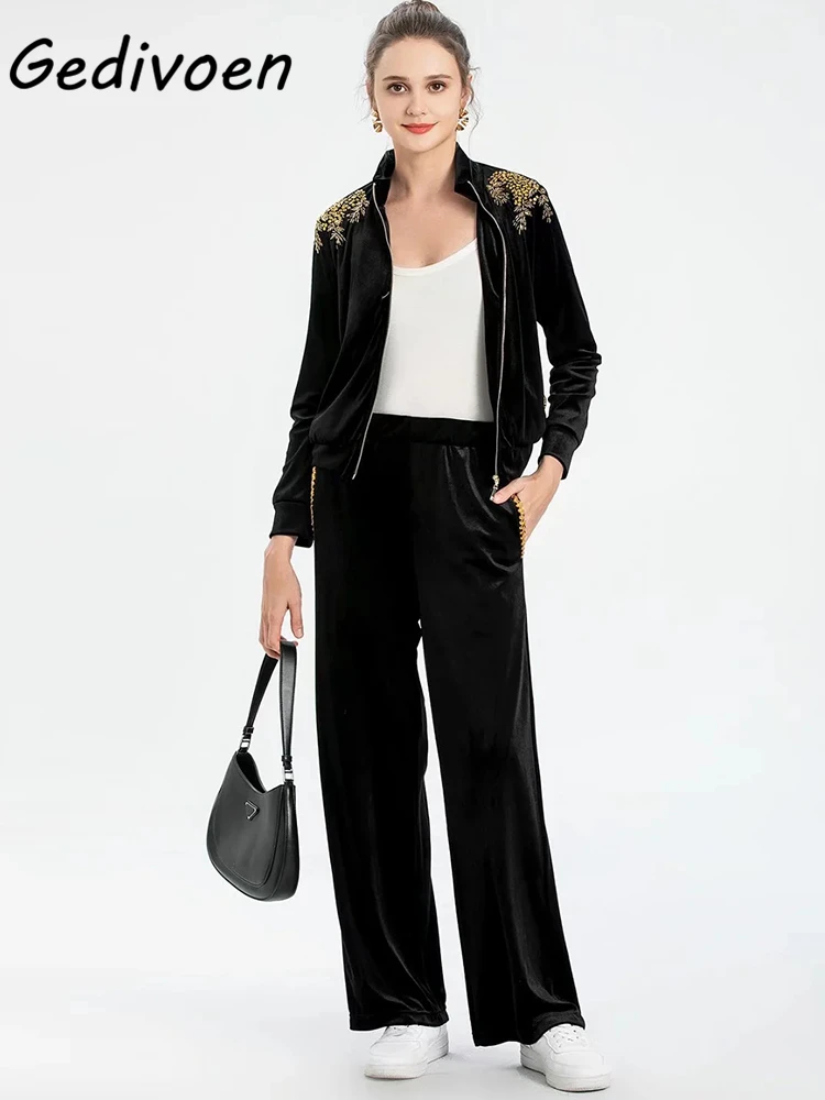 

Gedivoen Casual Fashion Winter Black Pants Suit Solid Beaded Sequins Long Sleeve Coat + Elastic Waist Trousers 2-Piece Set