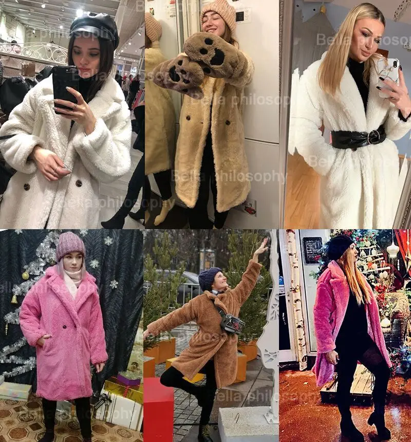 

Женское теплое длинное пальто из искусственного меха, толстое пальто с длинным рукавом и плюшевым мишкой, свободная зимняя повседневная од...