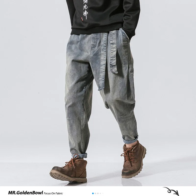 MrGoldenBowl Store мужские джинсы шаровары брюки винтажные с поясом на шнурке|jeans pant male|men