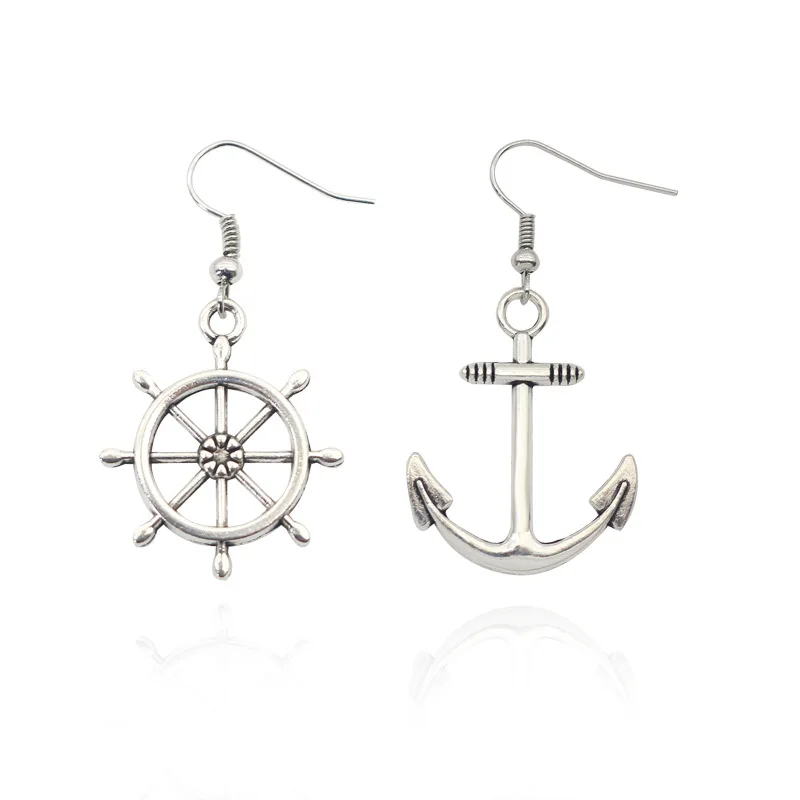 

Fashion Creative Ship Anchor Rudder Ear Hook Earmuff Personalized Silver Asymmetric Earrings And Earrings