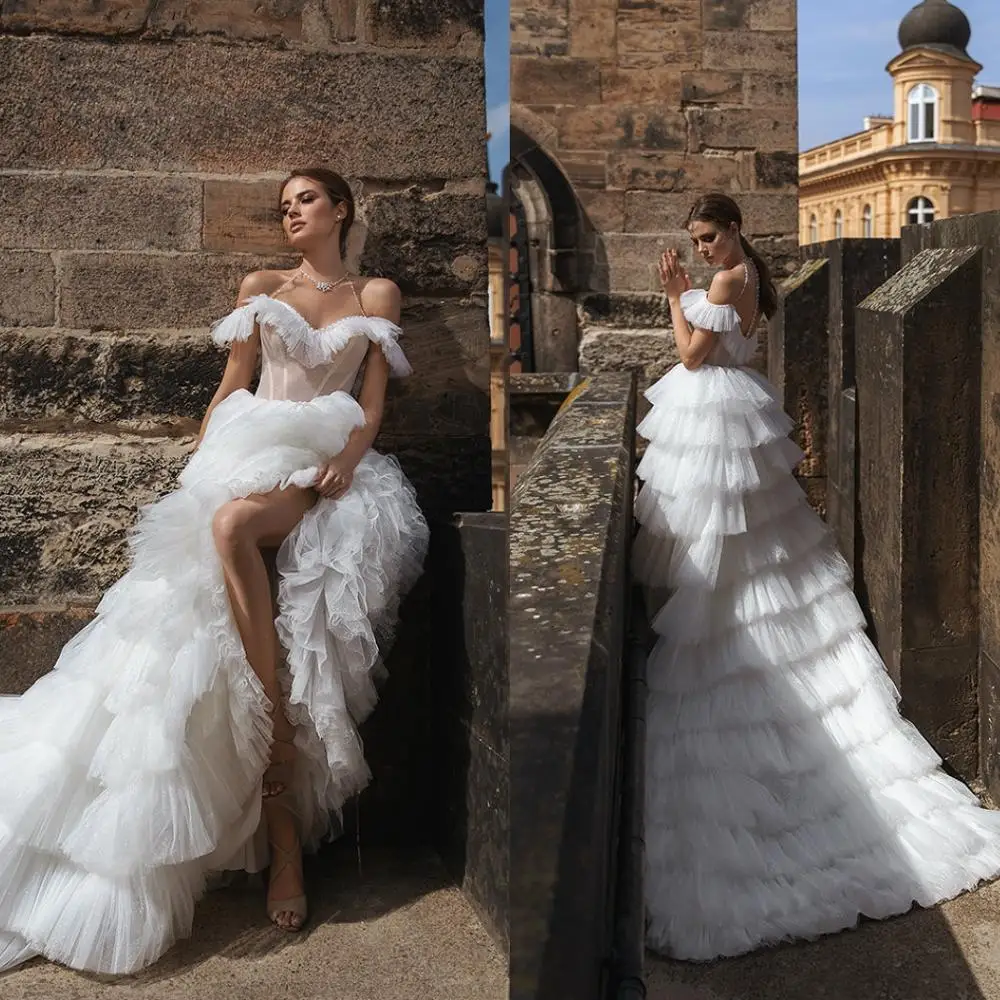 

2020 Иллюзия Топ Свадебные платья каскадные оборки с открытыми плечами Тюль сексуальный размера плюс пляжные халаты De Mariée