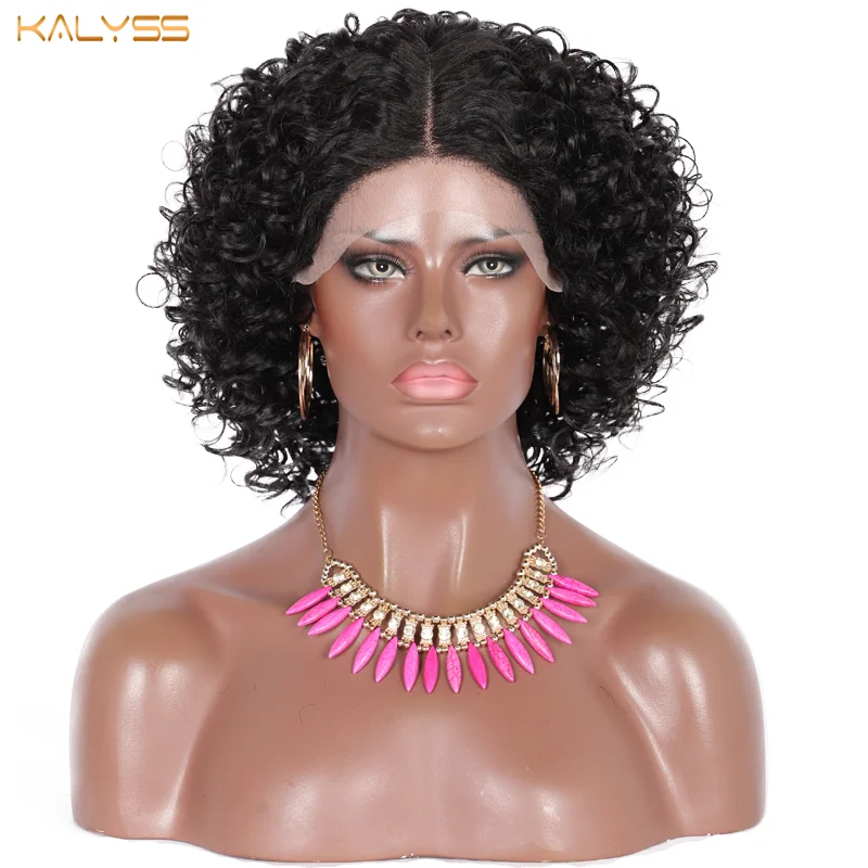 

Kalyss 12 Inches Short Kinky Curly Middle L- Part Natural Black Synthetic Afro Lace Wigs Heat Resistant for Black Women