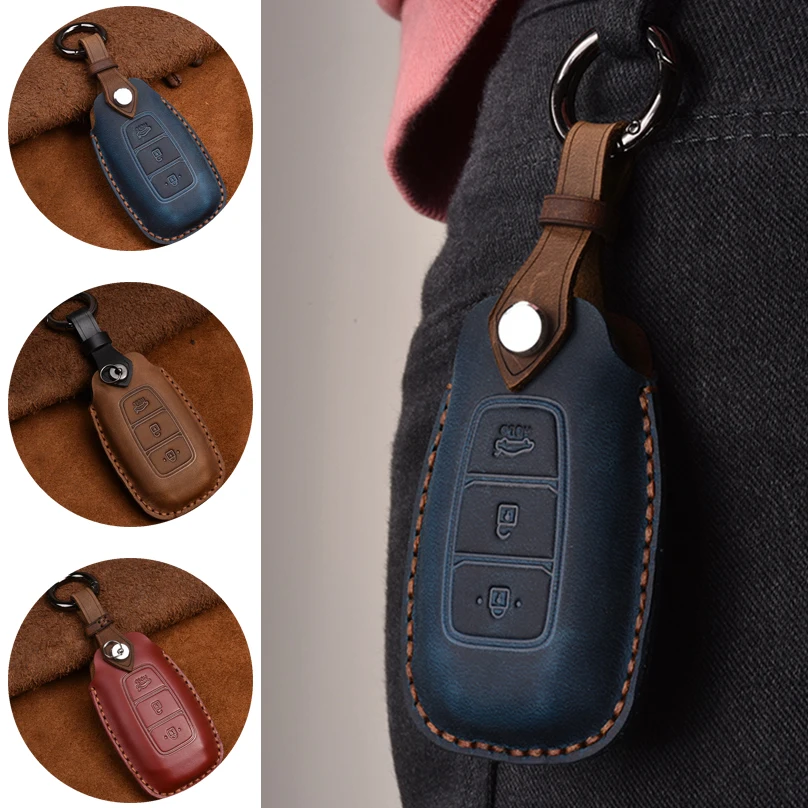 

For Hyundai Genuine Leather Smart Car Key Case Cover Bag i30 Ix35 KONA Encino Solaris Azera Grandeur Ig Accent Santa Fe Palisade