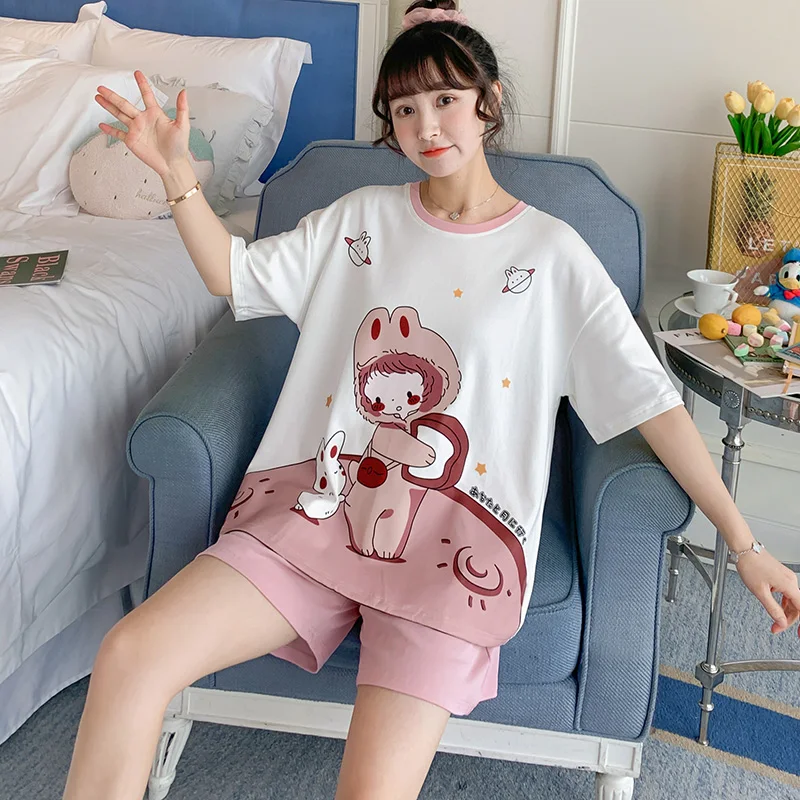 

Rabbit Planet Pajamas Women's Summer Short Sleeve Thin Pure Cotton Two-Piece Suit Spring and Autumn Loose Korean Style Cute