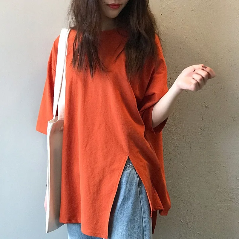 

fashion Ulzzang large size tshirt solid Short Sleeve T-Shirts Women Summer Side split T shirt Female Casual Asymmetry white tops