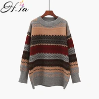 h sa 2021 winter women sweater pullover knit jumpers loose striped pull jumpers korean style knitwear casual top argyle sweater