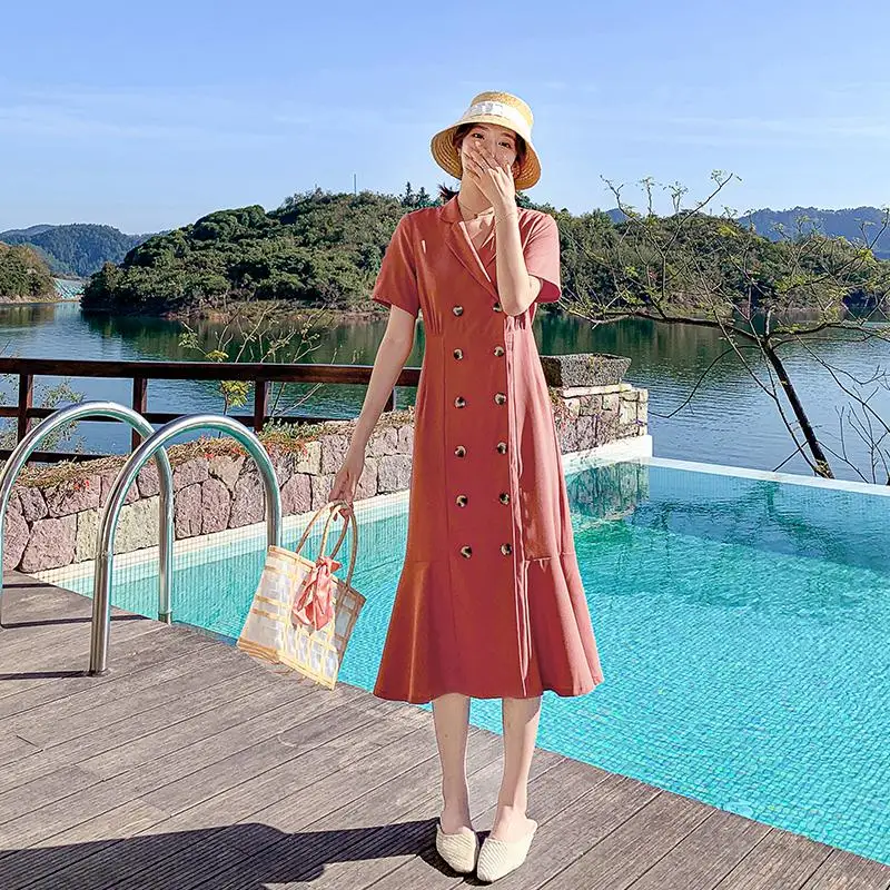 

Fashion dress 2021 summer new style fishtail waist suit collar long skirt is thin temperament women's dress