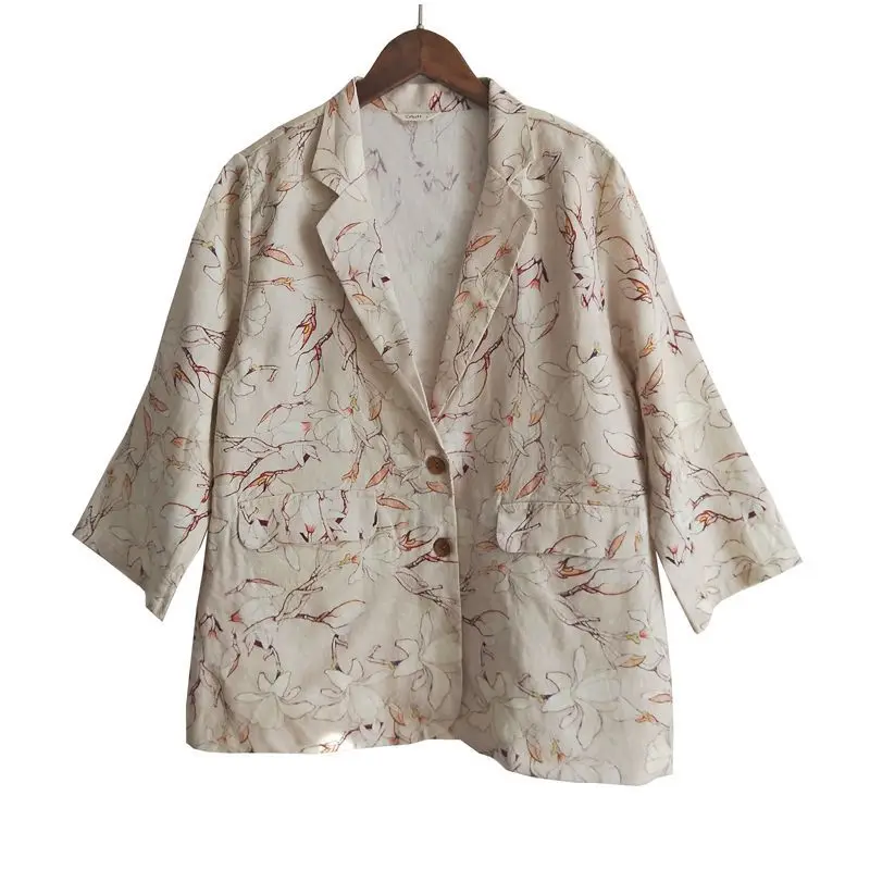 

2021 Spring and Autumn New Women's Suit Linen Printed Nine-Sleeve Casual Jacket