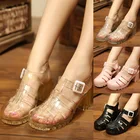Японские сандалии для женщин, летняя нескользящая обувь на среднем каблуке для девочек, прозрачная пляжная обувь-желе с кристаллами, женская обувь Мэри Джейн