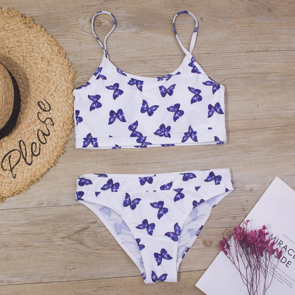 7-14 Летний купальник для девочки 2022 Новый варежка с обвязкой Тинейджерский бикини-комплект из двух частей с принтом бабочек Милый купальный костюм Купальник299