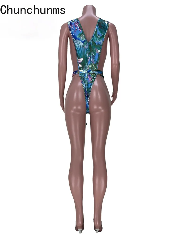 

Summer Print Deep V-Neck One Piece Swimwear Bikini Bandage Backless Swimsuit Sexy Beach Vacation Clubwear Clothing Women 2021
