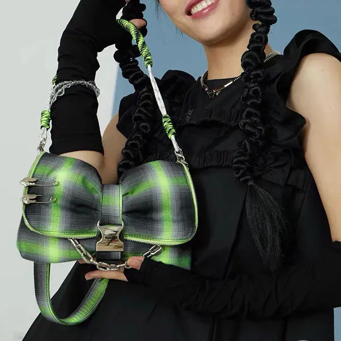 

Green plaid Bag For Women 2021 Summer Bow Armpit Bag Lady Shoulder Handbags Female Solid Color Tote Soft Travel Hand Bag
