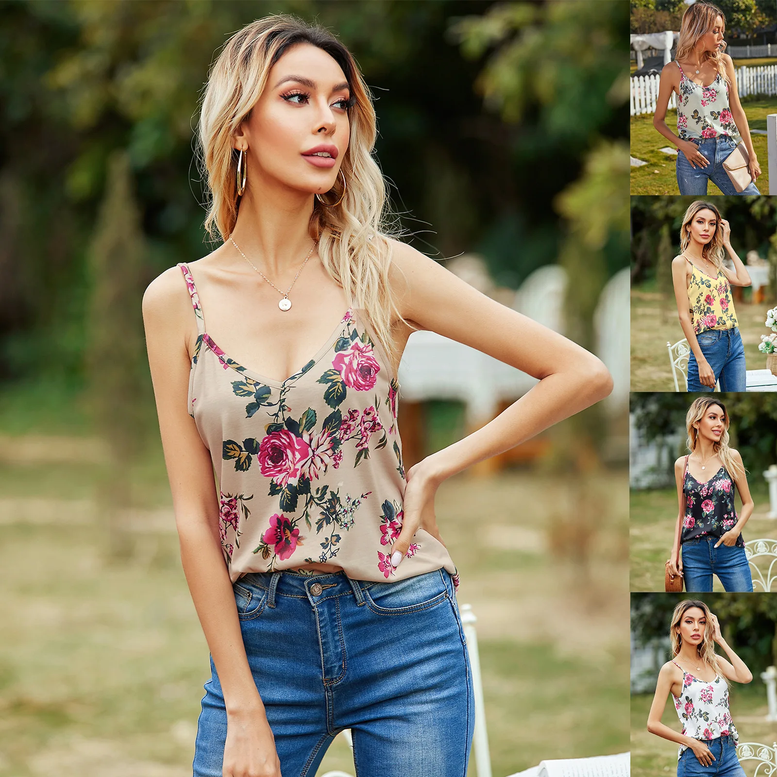 

Women's Summer Halter Vest V-Neck Slim Sexy High Street Sleeveless Print Bohemian Style Halter Top With Bottom And Top
