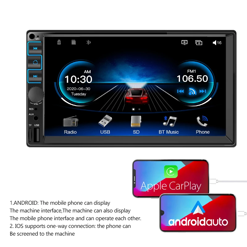 Автомагнитола 7 дюймов 2 Din стерео микрофон дисплей GPS поддержка MirrorLink Apple Carplay Android