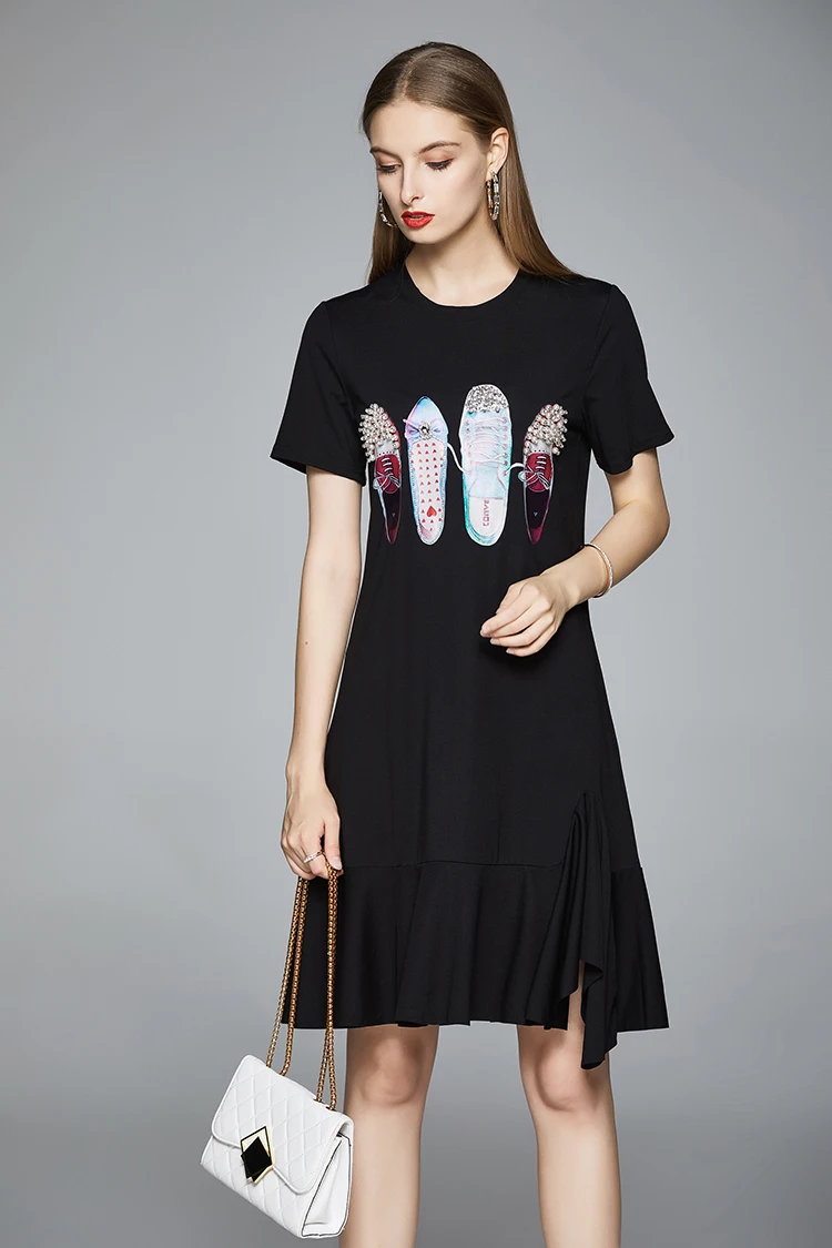 

Banulin Summer Cute Cotton Dress 2020 New Fashion Runway Beading Shoes Ruffles Irregular Hem Tshirt Dress Female Vestidos