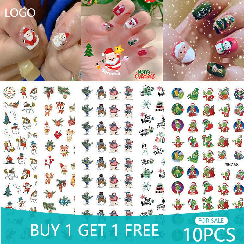 

10PCS Christmas Cartoon Character Nail Sticker Pine Cone Elk Color Snowflake Nail Slider Love Nail Art Decoration Decal