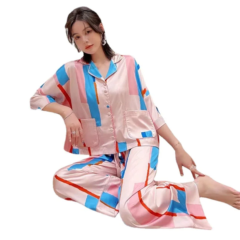 

Пижама женская из искусственного шелка, с длинным рукавом